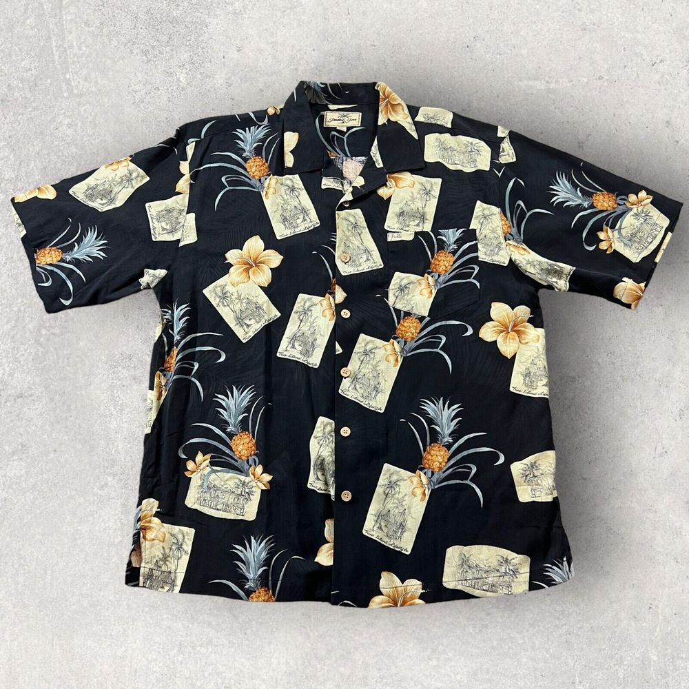 Jamaica Jaxx Shirt Mens Large Black Relax Silk Floral Pineapple Island Lifestyle